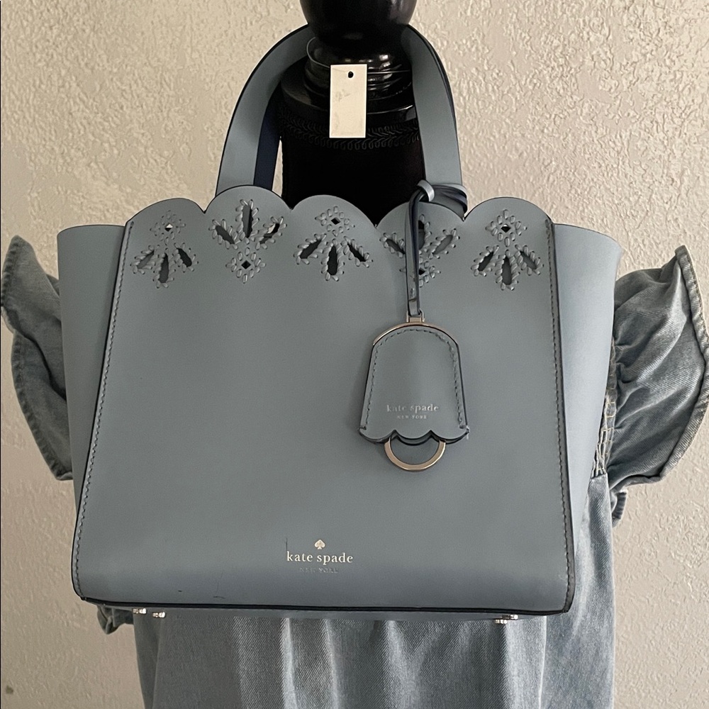 kate spade Scalloped Laser-Cut Leather Tote in Dusty Blue